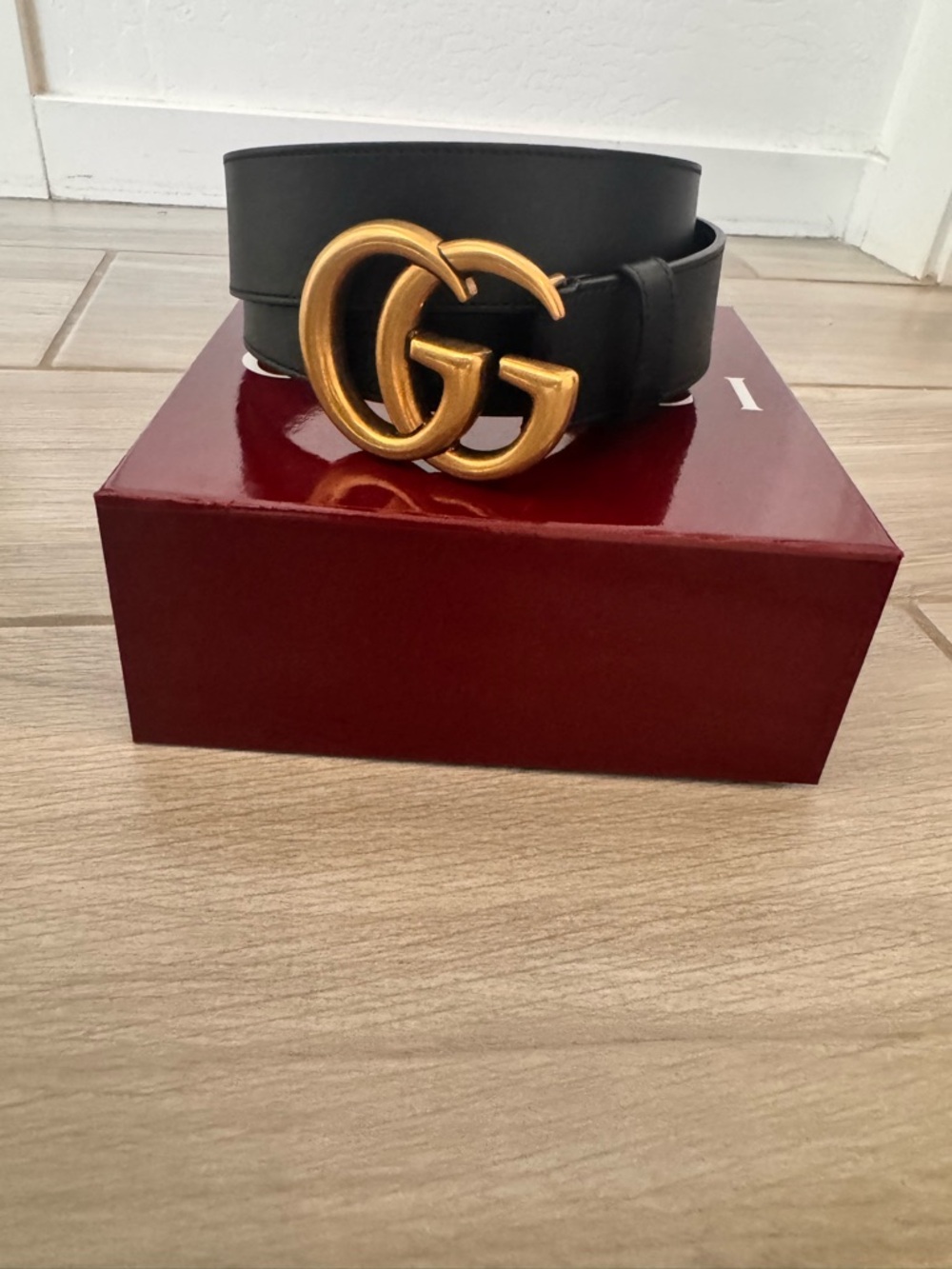 Gucci Black Leather Belt with Gold Double G Buckle